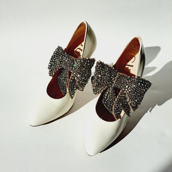 Gucci White Leather Elastic Crystal Bow Pumps Shoes Heels Size 36 / US 6 - Picture 10 of 16
